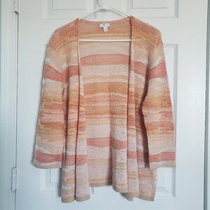 J Jill Open Cardigan Size L Orange Striped Sweater Linen Blend Coastal Lagenlook